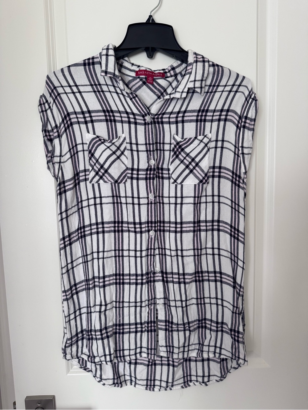 Plaid Button-Up Shirt in White, Black and Pink